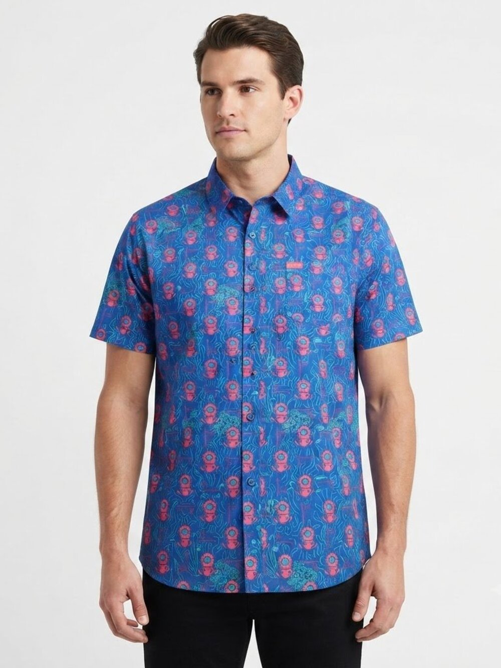 Retro Rifle Deep Dive Scuba Diver Hawaiian Button Down Shirt Blue Pink Sz XL